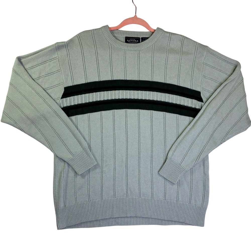 Sonoma Jean Company Mens Medium Sage Green Ribbed Striped Crewneck Sweater
